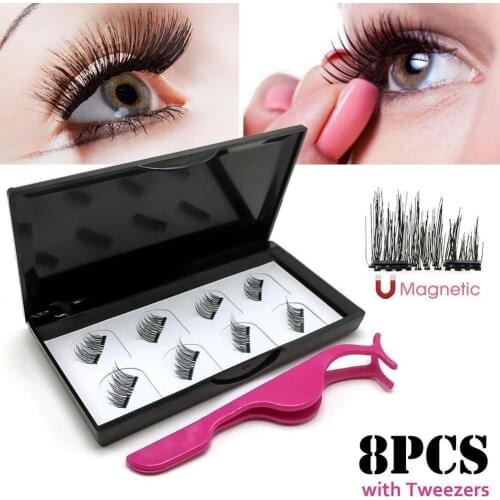 8Pcs Fashion Women Magnetic Lashes Reusable 3D False Eyelashes Tweezers Set