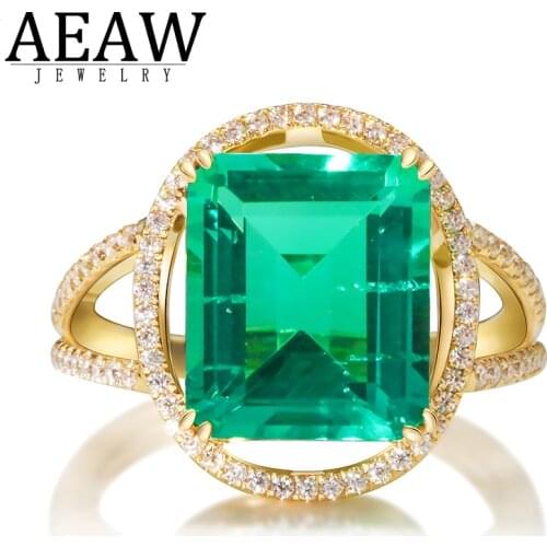 AEAW 5ct 9x11mm Emerald Cut Lab Created Colombian Emerald AAA Set With Moissanite Solid 18k Yellow Gold Rings Fine Women Gift