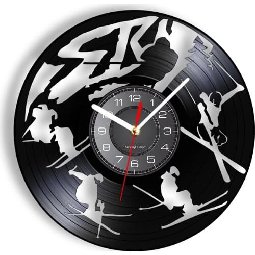 Skiing Inspired Vinyl Record Clock Snow Mountrain Snowsport Skating Snowboarding Outdoor Activity Modern Wall Watch Decoration