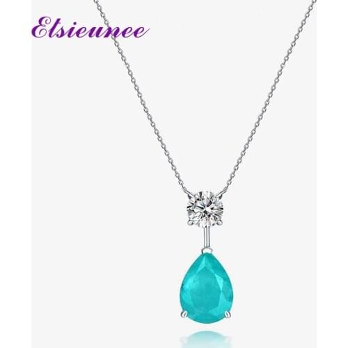 ElSIEUNEE 925 Sterling Silver Pear Paraiba Tourmaline Simulated Moissanite Diamond Pendant Necklaces Women Party Fine Jewelry