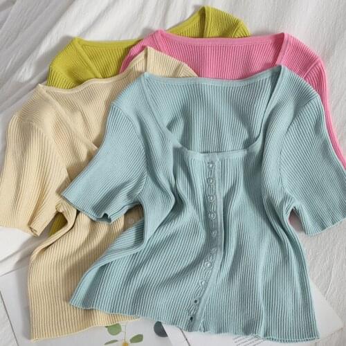 GUUZYUVIZ O-neck Pullover Knitted Top Mujer Casual Short Sleeve Button Cardigan T-shirt Women Summer Harajuk Green Women Tshirt