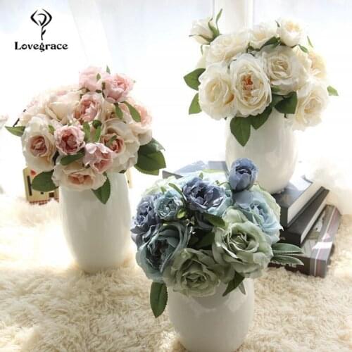 Artificial Silk Blooming Rose Flowers Bouquet Home Wedding Party Birthday Floral Decor Silk Big Rose Vase Flowers Arrangement