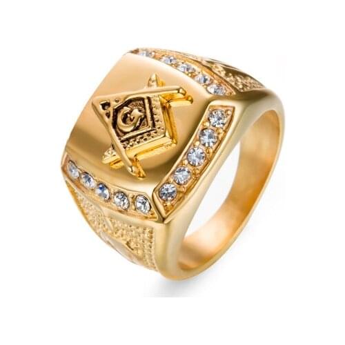 Masonic Stainless Steel Ring Hip Hop Punk Golden Crystal Freemason Crossbones Signet Rings Mens Biker Jewelry