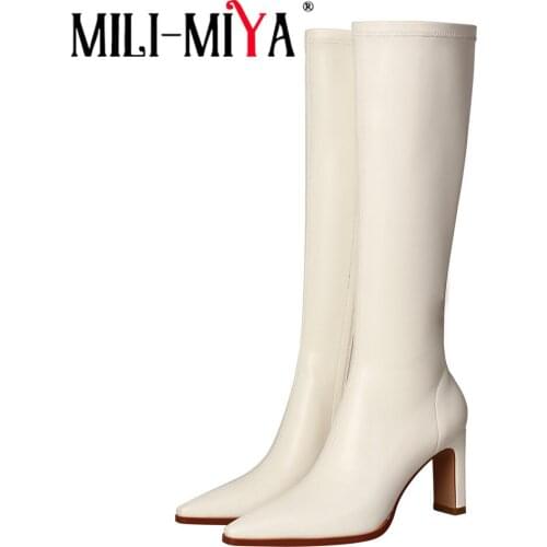 MILI-MIYA Fashion Black White Zipper Sexy Pointed Toe Knee High Boots Women Comfy Thick Heels Spring Autumn Party Prom Shoes