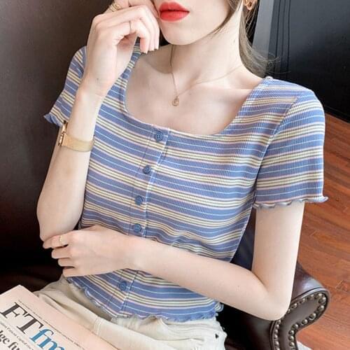 Square Collar Slim T-shirt 2021 New Korean Slim Pink Stripe Short Sleeve Shirts for Women Dropshipping Blusas Female Tops 0163