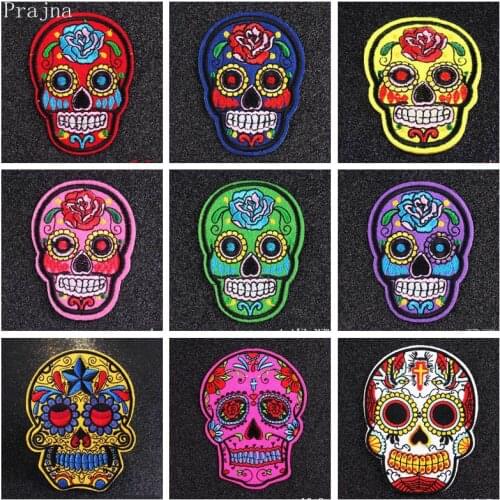 Prajna Sugar Skull Patch Stripe Iron on Embroidered Patches for Clothes Stranger Things Patch Badges Appliques For Clothes DIY
