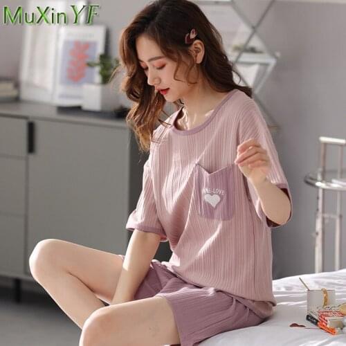 Pajamas Women Summer Cotton Short-Sleeved Shorts Pijamas 2 Piece 2021 New O-Neck Thin Plus Size Sleepwear Suit Girl Home Clothes