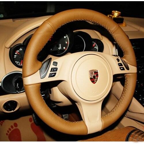 All Brown Leather & Brown Thread Steering Wheel Hand Sewing Wrap Cover Fit For Porsche Cayenne / Panamera 2010-2011