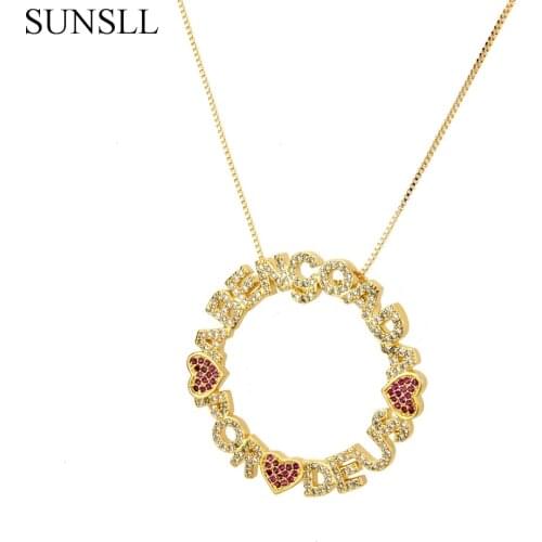 SUNSLL Gold/Silver Color Copper Red Cubic Zirconia Heart And Letters Pendant Necklaces Womens Fashion Jewelry Cobre CZ Colar