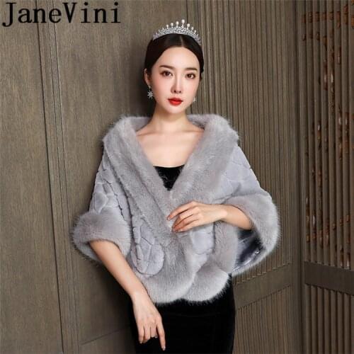 JaneVini Gray Faux Fur Bruids Cape Ladies Evening Party Shawls Shoulder Cover 2019 Women Fur Jacket Winter Wedding Dress Bolero