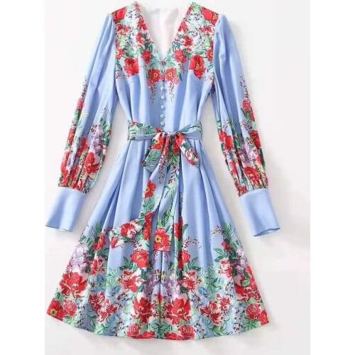 European and American womens clothing 2021 New Style for Spring Long sleeved V-neck floral print lace-up Fashion dress