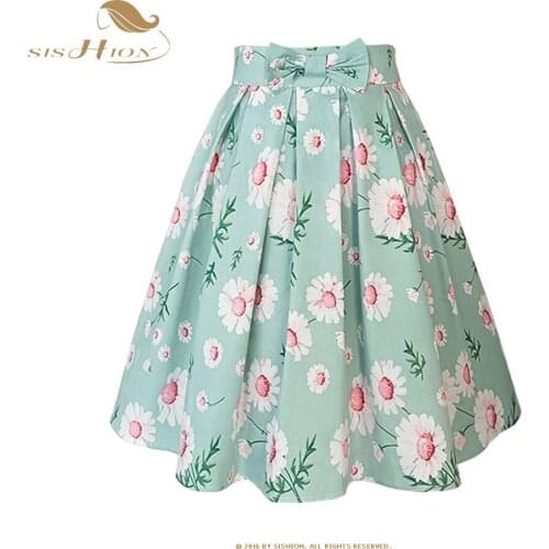 SISHION Light Green Floral Printed Cotton Pleated Skirt with Bow SS0012 Plus Size Women Clothing Daisy Summer Skirt Harajuku