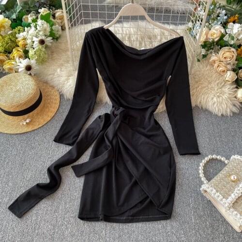 Spring Autumn Sashes Long Sleeve Waist Tie Pink Black Lady Women 2020 Body-con Tight Dress