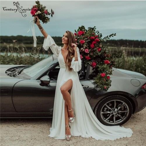 Beach Wedding Dresses Boho Long Sleeve Bridal Gowns with Slit Deep V-Neck Backless Bohemian Bride Dress Vestidos De Novia