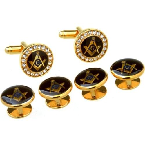 Gold Crystal Freemason Tuxedo Cufflinks Collar Studs Set 6pcs Set Masonic Free Mason Cuff Links Stud Set Mens Jewelry