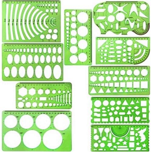 12 different rulers Green Plastic Circles Geometric Template Ruler Architectural Design Ruler Stencil Measuring Tool Students