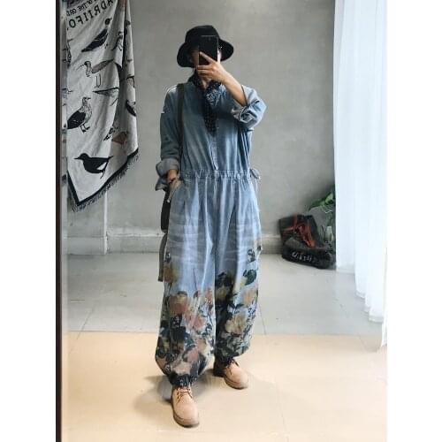 2020 female new autumn and spring literary retro washed printing handsome casual loose denim jeans
