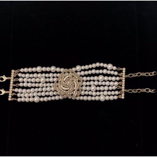Hot Brand Gold Color For Women Flower Pearls Chain Bracelet Fashion Praty Jewelry Vintage Design Big Width Cuff