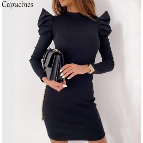 Capuciens Stand Collar Gigot Sleeve Rib-Knit Bodycon Dress Women Autumn Winter Solid Fitted Sexy Mini Pencil Dresses High Street