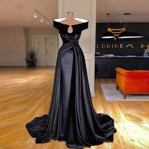Black Velvet Formal Evening Dress 2020 Long Off the Shoulder Prom Dresses in Turkey Arabic Women Birthday Party Gowns Plus Size