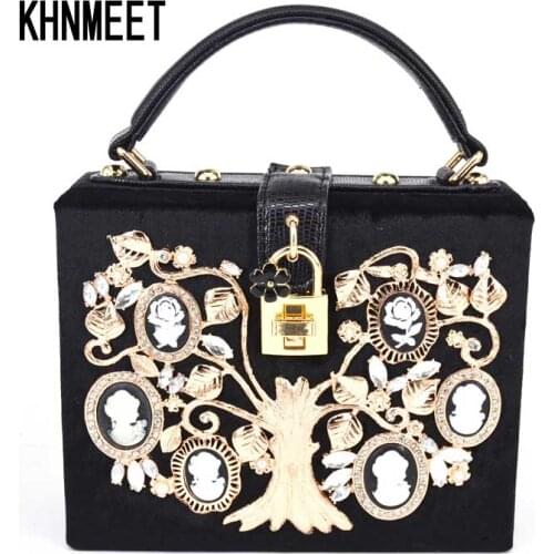 Black Velvet Women Handbags Gold Money Tree White Flower Box Flap Shoulder Bag with Strap Ladies Mini Tote Bag