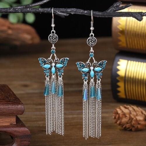 Ethnic Womens Blue Butterfly Wings Earrings Femmes Rhinestone Metal Chain Tassel Earrings Palace Jewelry Orecchini Donna