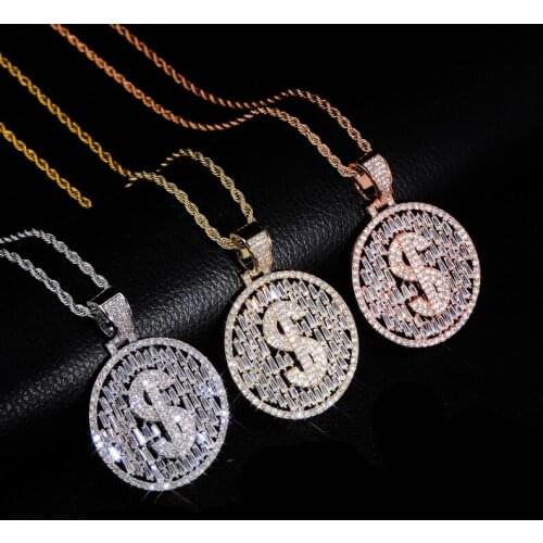 Hip Hop Micro Paved AAA Cubic Zirconia Bling Iced Out US Dollar Round Pendants Necklace for Men Fashion Jewelry Gifts Rose Gold