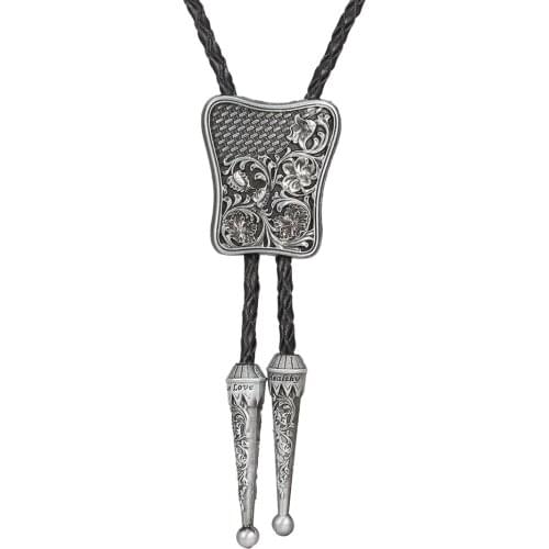 KDG Western Cowboy Zinc Alloy Natural Color Retro Flower Necktie Pendant Necklace Western Cowboy Necklace Genuine Leather Cord