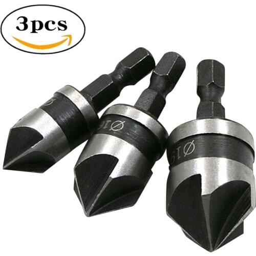3PCS 90 Degree Chamfer Drill Bit Set 12/16/19mm 5 Flute Woodworking Drill Bit Cutter Countersink Drill Bit Set Woodworking Tools