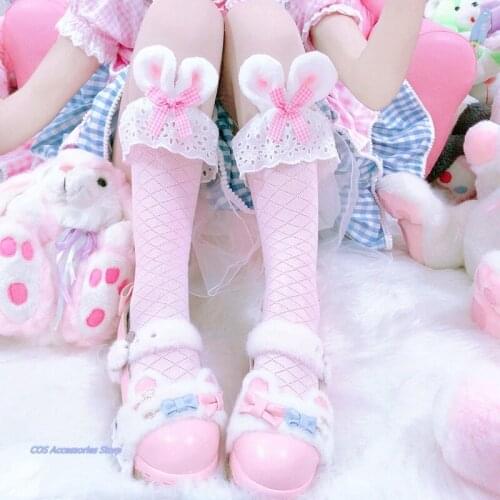 Japanese Original Lolita Sweet Short Tube Socks Plush Rabbit Ears Lace Bowknot JK Soft Sister Cute Wild Pure Cotton Student