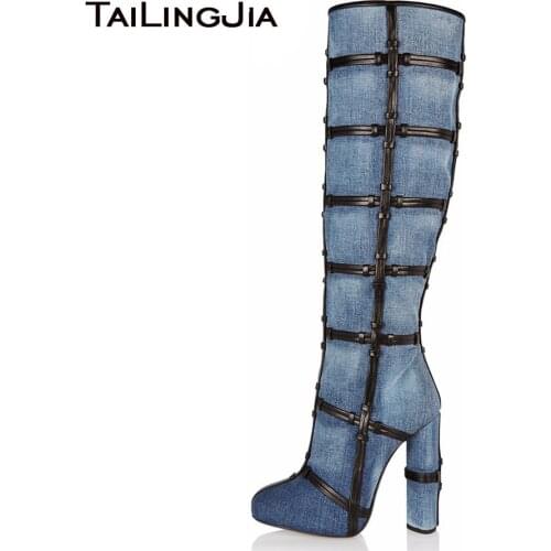 2018 New Arrival Blue Denim Boots Women Platform Thigh High Boots Round Toe High Heel Over The Knee Boots stiletto Long Boots