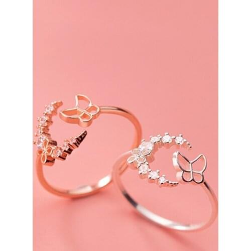 Hollow Butterfly Moon Open Ring Temperament Korean Sweet Zircons Finger Rings 925 Sterling Silver Jewellery
