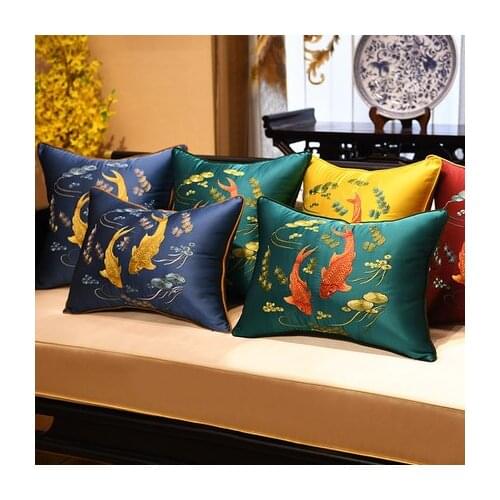 Fine Embroidery Koi Fish Lotus Silk Cover Cushion Pillow Case Chinese Xmas Sofa Chair Back Cushion Cover Lumbar Pillow Covers