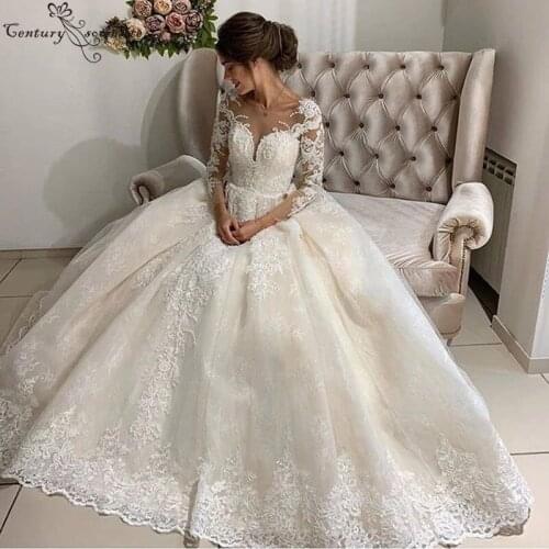 Long Sleeves Wedding Dresses 2020 Lace Appliques Sheer Neck Sweep Train A-Line Princess Bridal Gown Bride Dress Vestido De Noiva