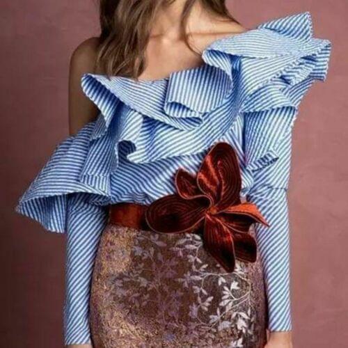 Summer Women Tops HOT Women Summer Casual Long Sleeve Single Off Shoulder Ruffles Loose Striped Tops