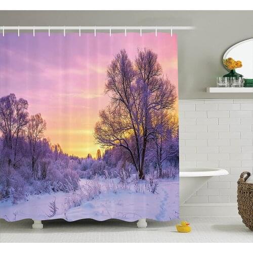 Farm House Decor Shower Curtain Winter Landscape with Sunset and Frozen Trees Ice Weather Blizzard Cold Days Bathroom Curtains
