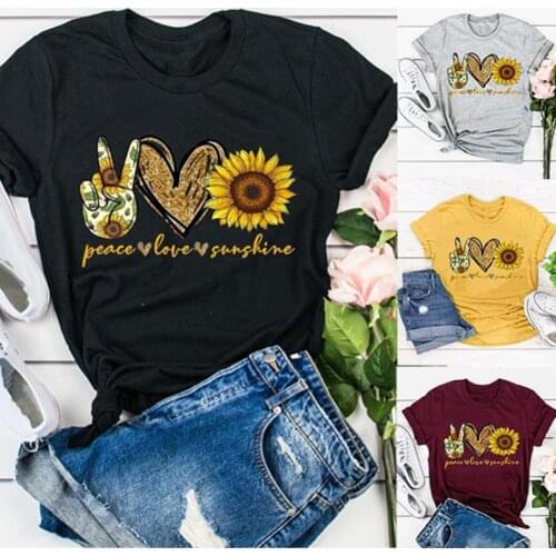 Women T-shirt Female Printed Vintage Flower Ladies Womens T-shirt O Neck Short Sleeve Sunflower Letters Print Loose T-shirt Top