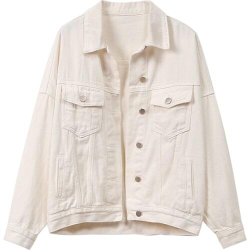 2020 Women Spring Autumn White Loose Short Denim Jacket Coat 95% Cotton Single Breasted Full Sleeve Outerwear Casual Cardigan