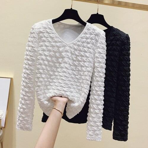 Korean Pleated Top Womens Clothing 2021 Spring New Solid Tshirt Sexy V Neck Long Sleeve T-shirt Women Fashion Tee Shirt Femme