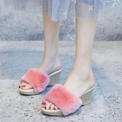 Spring new outer wear wool wool slippers sexy fashion white slope with high-heeled fur all-match dress warm female slippers
