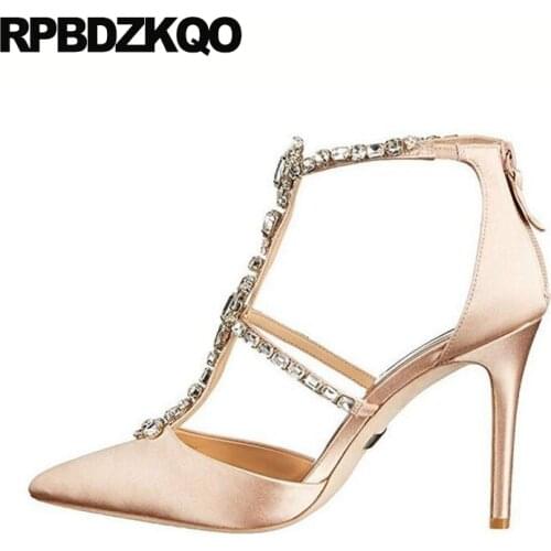 Scarpin Sexy High Heels Ladies Satin Dress Shoes White Rhinestone Women Pumps Strap T Silk Pointed Toe 3 Inch Evening Ankle