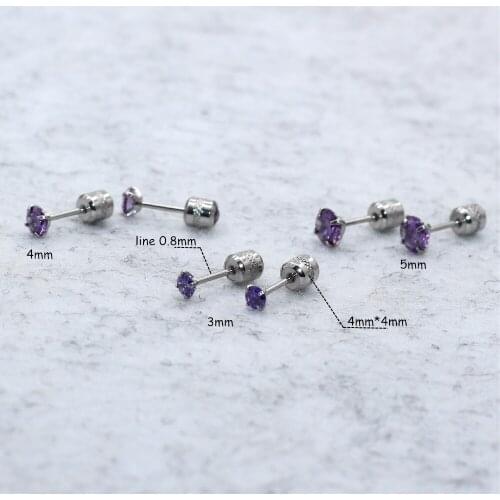 Steel Color 4 Claw 3/4/5MM Screw-back Purple Zircon Women Stud Earrings Ear Smooth Ball Earring 316 Stainless Steel Jewelry