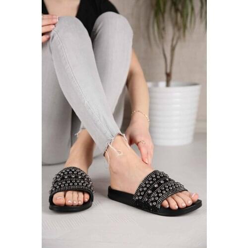 Womens Slippers Top Cubic Zirconia Black Slippers Models-48