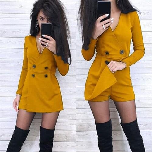 Solid V-neck Long Sleeve Womens Playsuit Front Split Double-breasted Wide Leg Short Jumpsuit Women Summer Skinny Casual Romper