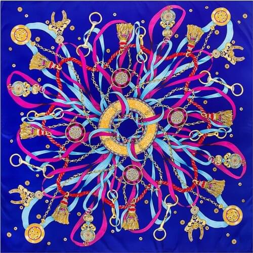 POBING 100% Silk Scarf Women Spain Royal Chain Print Neckerchief Melt Silk Foulard Square Scarves Luxury Brand Female Bandana