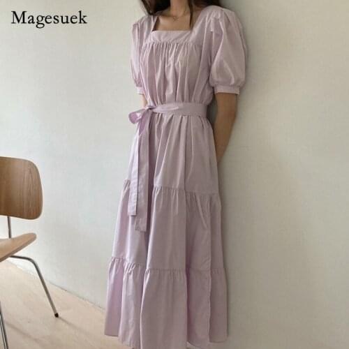 Lace-Up Square Collar Puff Sleeve Dress Female Korean Chic Summer Women Dresses Casual High Waist Plus Size Dress Vestidos 14532