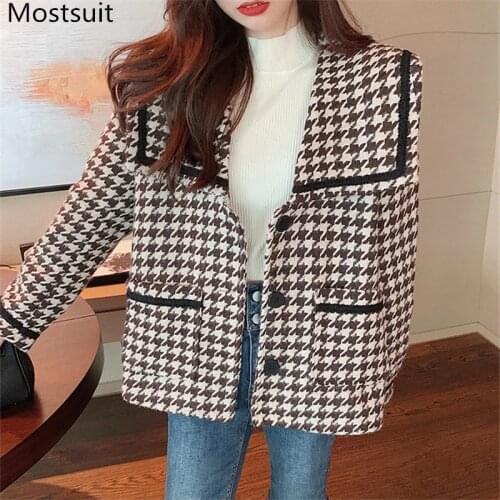 Korean Vintage Houndstooth Woolen Women Coat Jacket 2020 Winter Long Sleeve Single-breasted Turn-down Collar Ladies Fashion Coat
