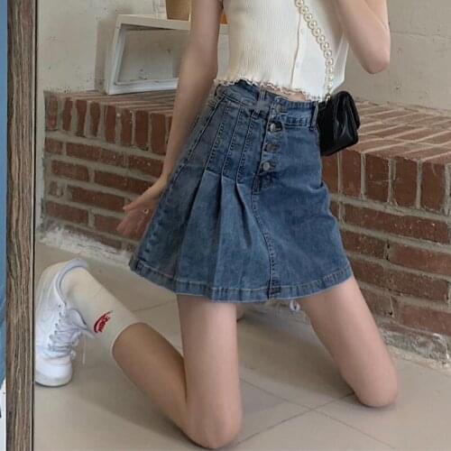 Zoki Pleated Women Denim Skirt Korean High Waist Lined Jeans Mini Skirt Fashion A Line Black Female Button Cotton Skirts 2021