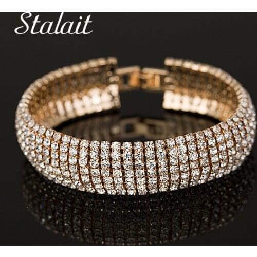 Multi Layer Shiny Full Rhinestone Chain Bracelet For Women Gold and Silver Plated Link Bracelet Bangle Fashion Jewelry