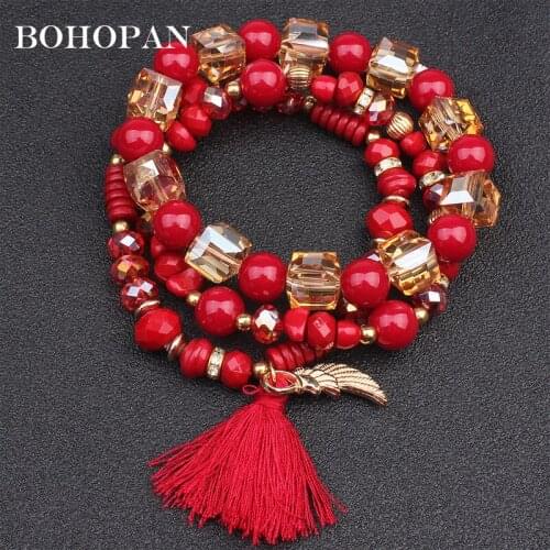 Bead Bracelet For Women 3 Layer Crystal Acrylic Beads Bangles&Bracelets Metal Wing Design Tassel Pendant Adjustable Bracelets